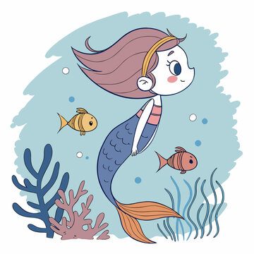 Whimsical Mermaid Illustration with Fish and Coral Reef.