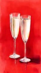Celebratory champagne flutes watercolor illustration luxurious red background vibrant festive design art