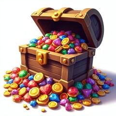 Open treasure chest filled with gold coins, colorful gems. Antique wooden trunk with riches. Decoration element. Great for game design, financial concepts, decorative projects. Cartoon illustration