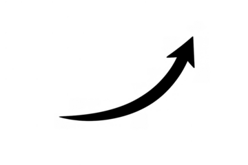 Black upward curving arrow icon showing business growth, increase, financial success, progress, and rising direction with transparent background
