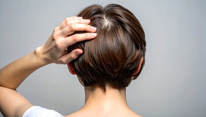 A woman touching her short brown hair from behind against a plain grey background