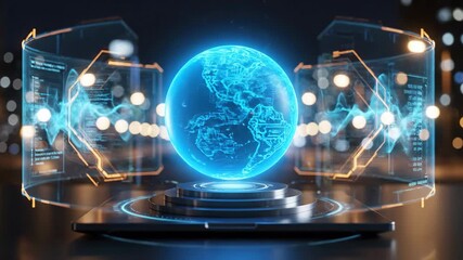 A glowing blue holographic Earth rotates within a futuristic interface against a blurred city background at night. - Powered by Adobe