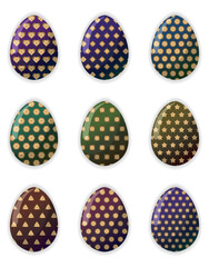 Luxury Easter eggs with gold geometric icons on dark background