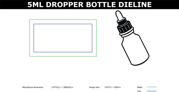 A technical illustration of a 5ml dropper bottle with a detailed die line template for design purposes
