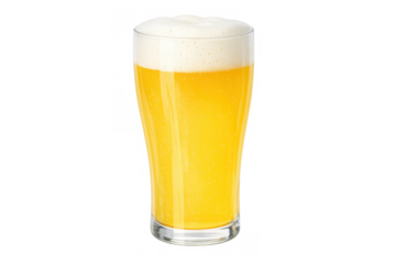 Glass of pale lager beer with white foam, refreshing golden alcoholic drink, transparent background