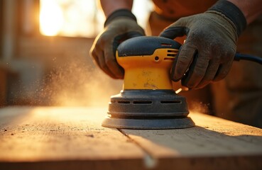 Close up view craftsman sanding wood surface with sander tool. Man wears gloves works in workshop with electric sander. Dust floats in air during woodworking, preparation timber for furniture.