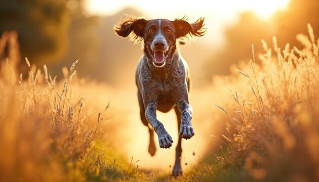 German Shorthaired Pointer dog runs happily through sunlit field. Its ears flap as it speeds across grass. The happy canine enjoys motion in warm golden hour light.