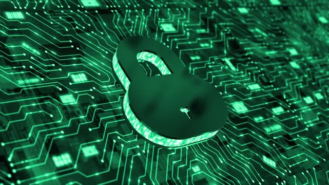 Turquoise color data protection microchip glowing data transfer cyber security 3d lock hi tech design black technology background