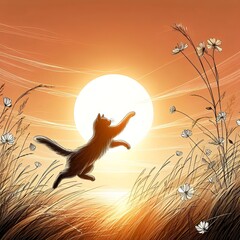 A line drawing of a cute cat jumping and playing in a grassy field