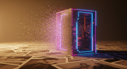 Digital Realm Enclosure: A glowing digital portal emerges from a cube, showcasing technological innovation and futuristic aesthetics. Capturing the interplay of technology, abstract form.