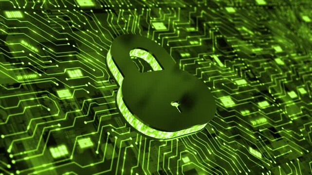 Lime green color data protection microchip glowing data transfer cyber security 3d lock hi tech design black technology background