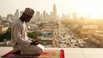 A Young Black Male Adult in Traditional Attire Practicing Prayer on a Rooftop Overlooking a City Landscape during Sunset