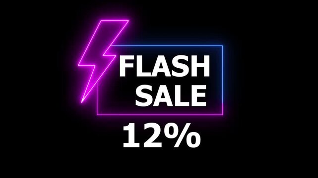 Flash sale neon light sign, purple and blue colors, Glowing neon line of FLASH SALE 12% sign banner for promo video. Shopping, great discount and clearance, social media, communication.