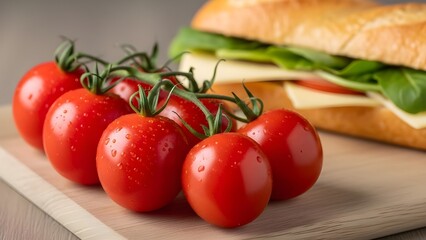 Fresh vine tomatoes on wooden cutting board with sandwich in background