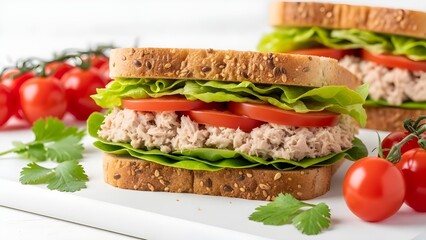 Tuna salad sandwich with lettuce, tomato, and whole wheat bread