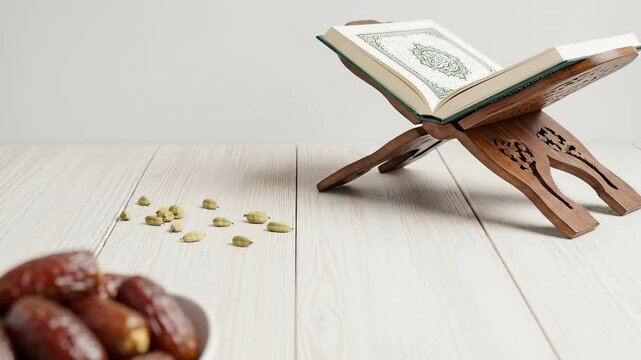 A Close-Up of Fresh, Juicy Dates in a White Bowl on a Wooden Surface with a Quran Displayed in the Background, Perfect for Cultural and Dietary Representation.