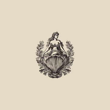 Ancient Greek goddess Venus or Aphrodite born from a sea shell vintage hand drawn illustration