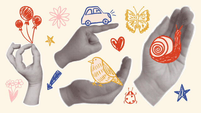Retro collage with halftone hands and children's drawings in a naive style drawn with colored pencils.