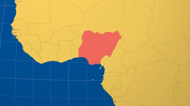 Nigeria on Globe. Animated zoom into the country in Ocean Blue Golden Yellow color palette. Nigeria logo animation. Map with meridians, parallels. Trending video.
