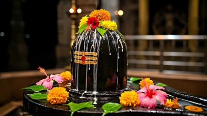 A Serene Shivling Surrounded by Vibrant Flowers at a Temple, Symbolizing Spirituality and Worship