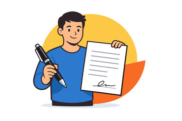 Young caucasian male holding pen and document with signature