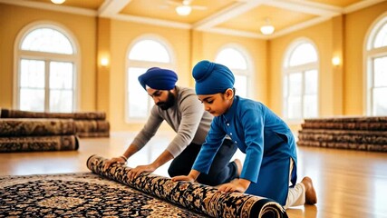 A Sikh Father and His Young Son, Dressed in Traditional Attire, Rolling Up an Ornate Rug in a Spacious Hall with Natural Light