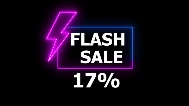Flash sale neon light sign, purple and blue colors, Glowing neon line of FLASH SALE 17% sign banner for promo video. Shopping, great discount and clearance, social media, communication.