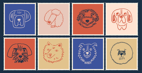 Dog portrait postage stamps set.  Collection hand drawn canine doodle Illustration. Colorful cards with pets. Vector design