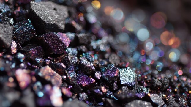 Iridescent bornite mineral chunks sparkle with rainbow color flashes. Use as a background for geology or science-themed projects.