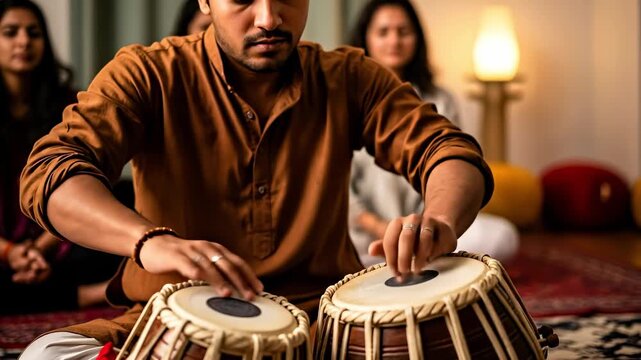 A Young South Asian Male Musician Playing Traditional Drums in a Group Setting, Emphasizing Cultural Musical Expression and Community Connection