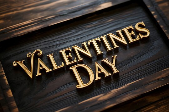 Golden Valentines Day text on dark wooden background with rustic frame and border - Powered by Adobe