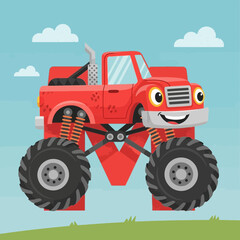 Smiling Red Monster Truck Adventure Illustration