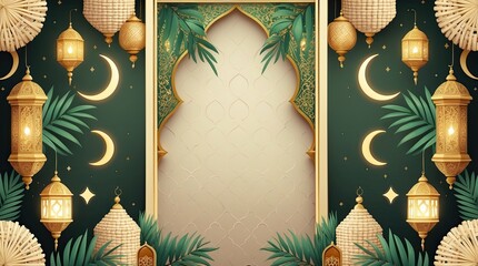 Festive Eid al-Fitr Greeting Background with Golden Ornate Frame and Lanterns