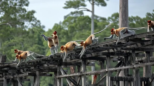 Dynamic scene of agile proboscis monkeys leaping and running across a weathered wooden boardwalk in their lush tropical rainforest habitat