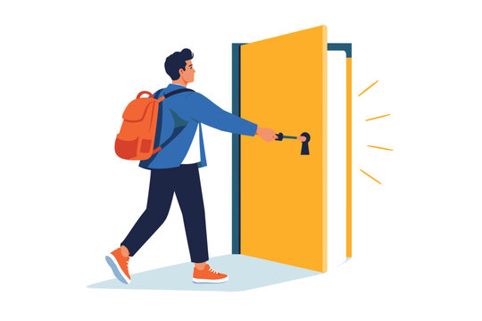 Young male unlocking door to knowledge with book key
