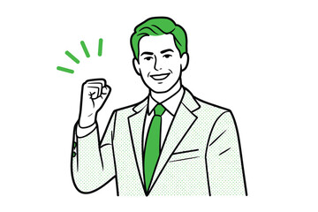 Fototapeta premium A man in a suit celebrates success with a fist pump.