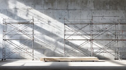 Interior view of concrete walls with scaffolding and sunlight. Wooden planks rest on the floor