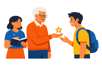 Caucasian elderly male recognizing young hispanic male student with star award