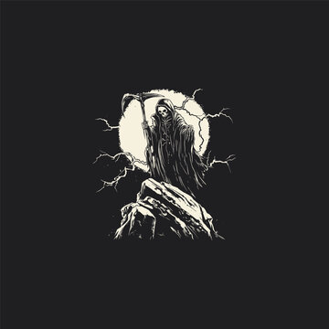 Grim Reaper or personification of death holding a scythe on a rocky cliff vintage illustration