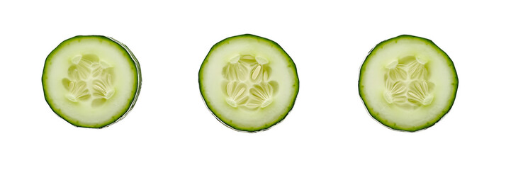 Three slices of fresh green cucumber viewed from the front showing internal seeds and texture isolated on a transparent background