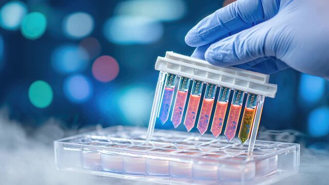 Scientist Hand Holding Cooling Sample Tube Rack For Gene Chip Analysis In Lab Research With Mist