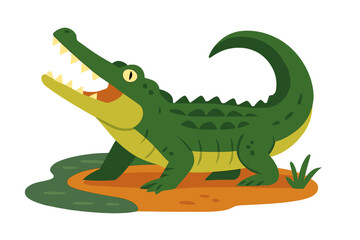 Fototapeta premium Cartoon crocodile standing on the shore near water with green grass and orange soil during the day