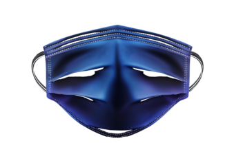 Three-layer blue medical mask with pleated and elastic ear loops isolated on a transparent background