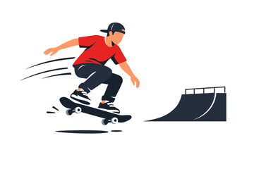 Obraz premium Young male skateboarder performing jump on ramp with cap and red shirt