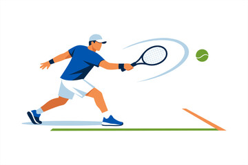 Obraz premium Young caucasian male tennis player hitting forehand on court