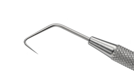 Dental explorer tool with sharp curved tip and textured handle isolated on a transparent background probe