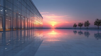 Glass office building reflects vibrant sunset colors on a polished plaza. Showcase modern architecture and urban planning with a hopeful, clean view.