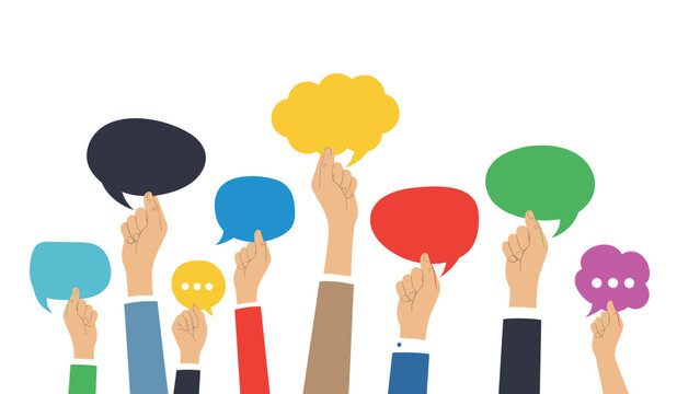 Group of diverse hands holding up various colorful speech bubbles representing public opinion and collective communication.