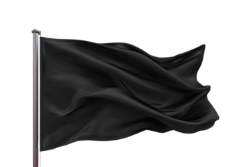 Elegant black flag waving on a sleek silver pole, symbolizing mourning or protest with a sense of dynamic movement.
