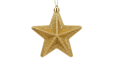 Glittery gold five pointed star Christmas ornament hanging isolated on a transparent background image
